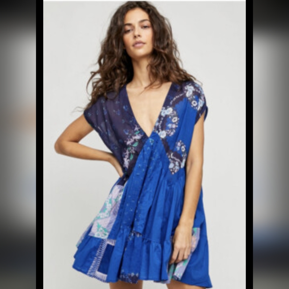 Free People Blue Patchwork V-Neck Mini Dress